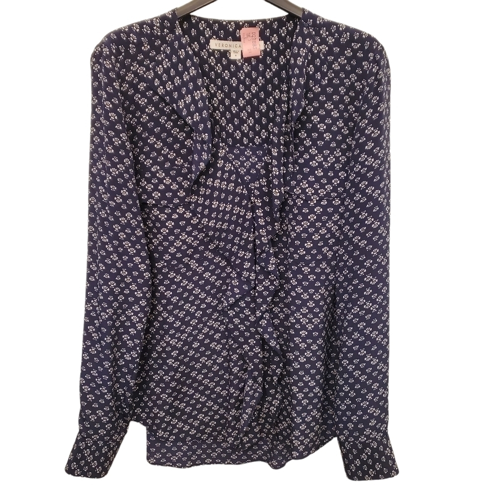 Veronica Beard Size 6 100% Silk Navy Blue Lotus Print Ruffle Blouse Dry Cleaned